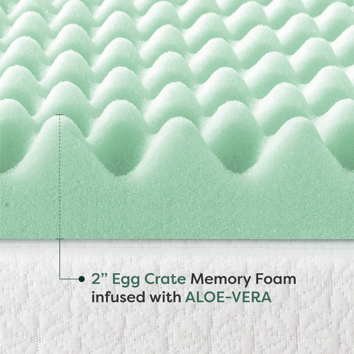 2 Inch Egg Crate Memory Foam Mattress Topper with Aloe Infusion - CertiPUR-US Certified, Queen Size, Green | Cooling Bed Topper for Pressure Relief & Back Pain | Perfect for Guest Beds, Dorms & Hot Sleepers