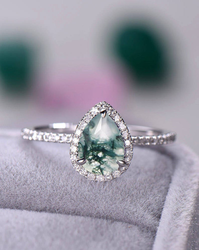 Pear Moss Agate White Gold Diamond Engagement Ring - Vintage Halo Style for Wedding Proposal & Anniversary Gift