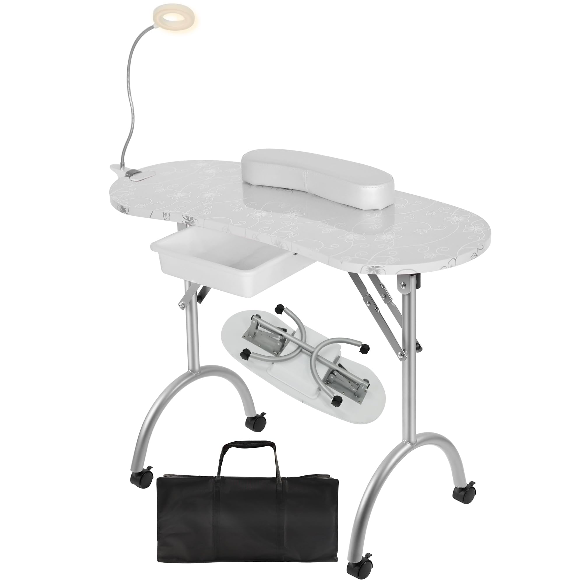 Portable Foldable Manicure Table with Wheels & Drawer - USB LED Nail Desk, Wrist Pad & Carry Bag for Home Spa & Salon (White, 30