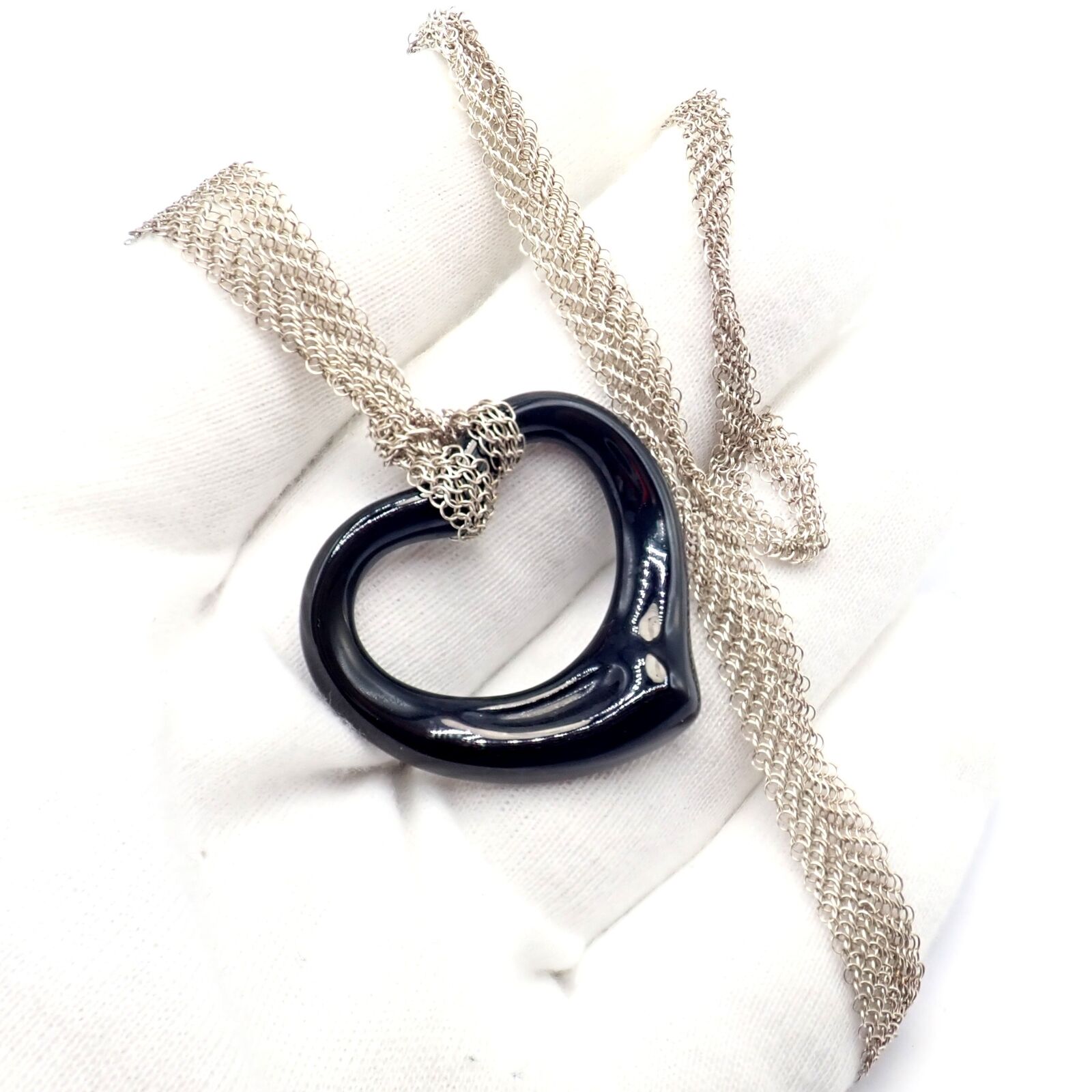 Tiffany & Co Sterling Silver Peretti 35mm Large Open Onyx Heart Pendant Necklace - 28