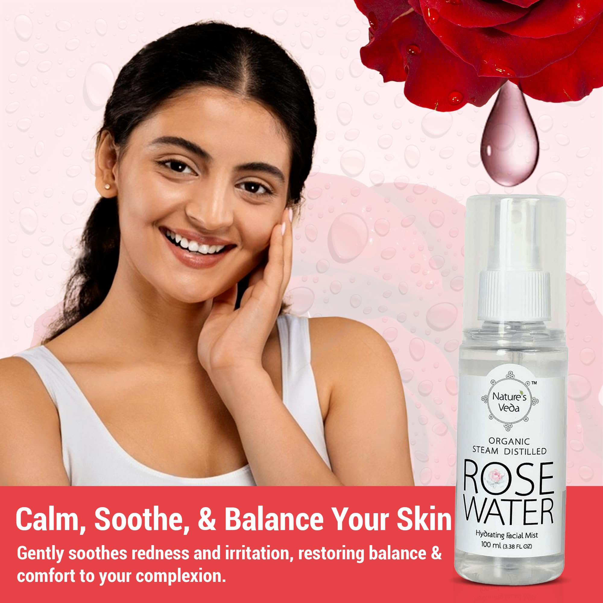 Nature's Veda 100% Pure Organic Rose Water (100ml) - Natural Skin Toner for Cleansing, Hydrating & Soothing | Helps Maintain pH Balance | Perfect for Daily Skincare, Makeup Setting & Post-Shave Relief