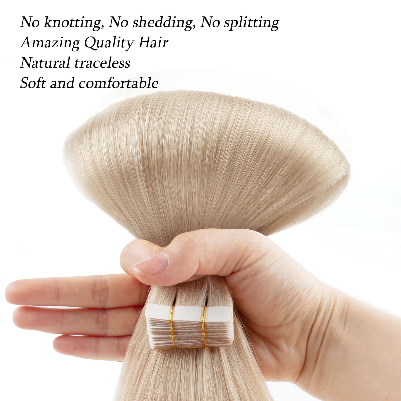 ABH AmazingBeauty 100% Real Remy Human Hair Extensions - 50g 20pcs Tape-In Wefts, 22 Inch, Ice Blonde (#1001) - Seamless, Reusable, Invisible Skin Weft for Natural Volume & Length - Perfect for Parties, Weddings & Daily Styling
