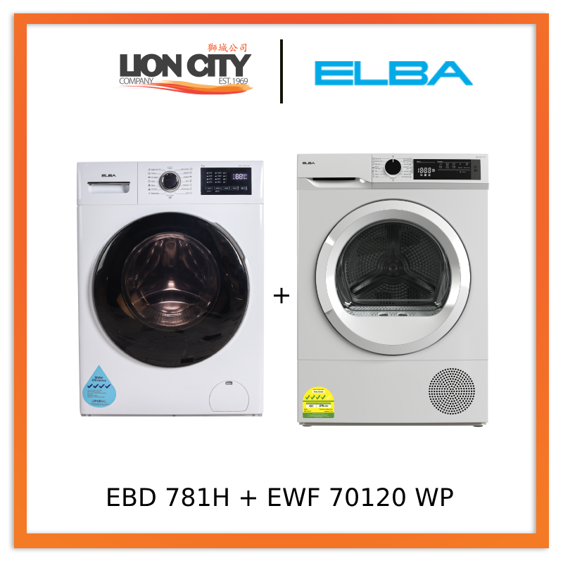 Elba EBD 781H VT 7kg Heat Pump Dryer & EWF 70120 WP 7kg Front Load Washing Machine Combo - Energy Efficient Laundry Set for Small Homes & Apartments
