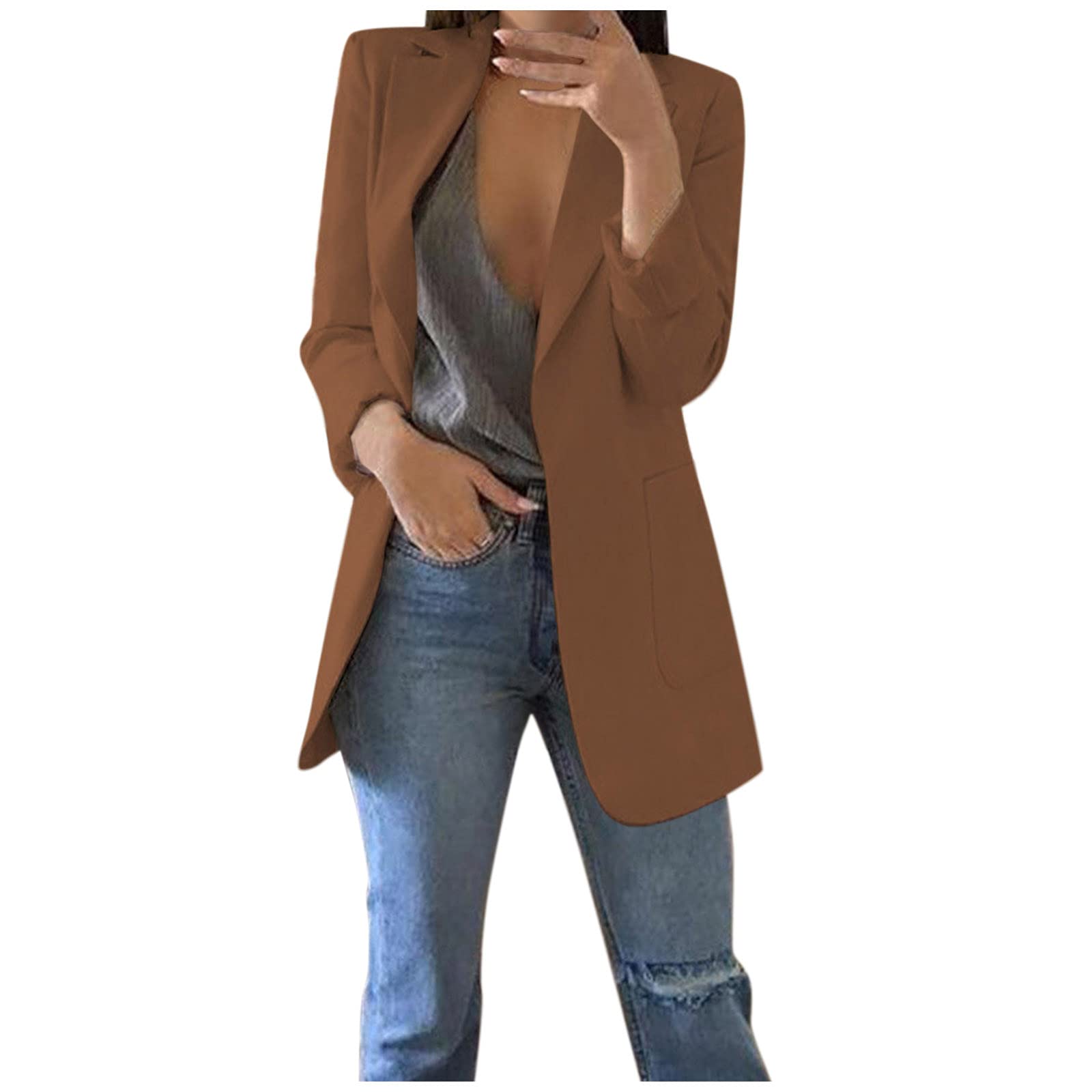 Women's Long Sleeve Open Front Blazer Coat - Solid Color Work Office Jacket with Pockets | Business Casual Wear for Spring & Autumn | Perfect for Office, Meetings & Professional Events