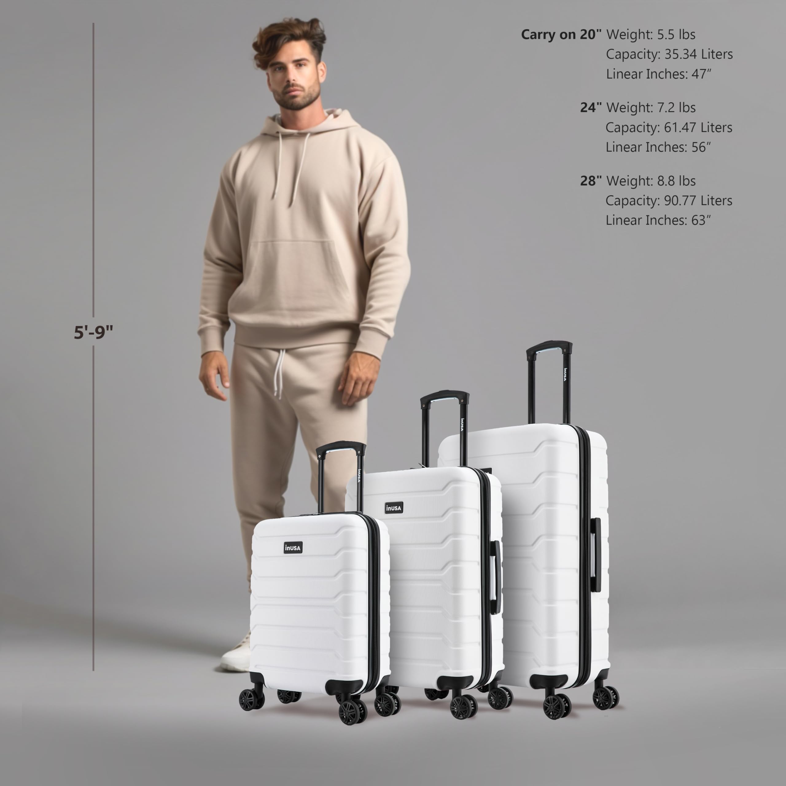 InUSA TREND 3-Piece Hardshell Luggage Set with 360° Spinner Wheels - Durable Lightweight Suitcase for Travel (20in, 24in, 28in, White) - Perfect for Business Trips, Family Vacations & International Travel