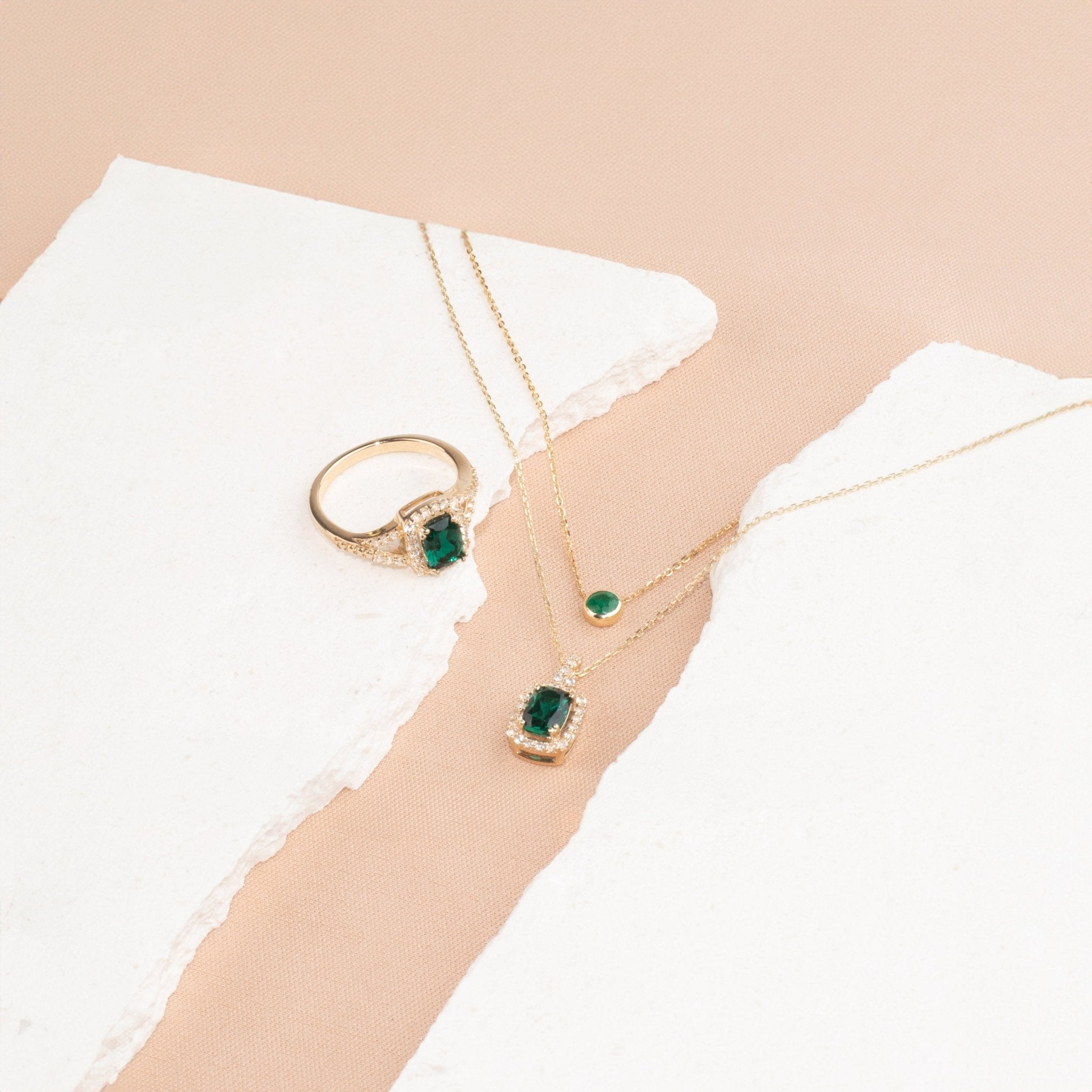 10k Yellow Gold Cushion Cut Emerald Pendant with White Sapphire Halo - Elegant Dainty Jewelry for Women, Perfect Gift for Anniversary, Birthday & Special Occasions