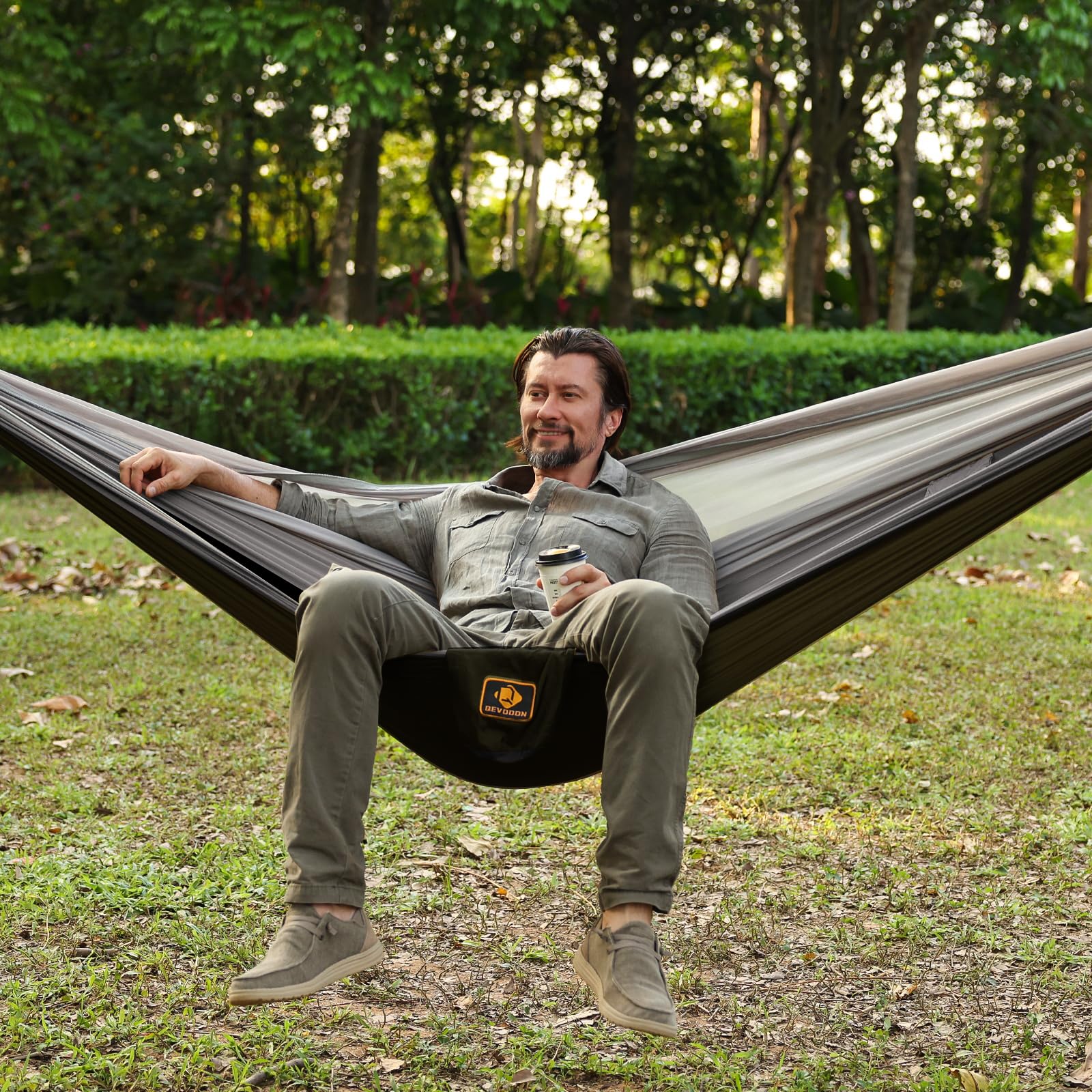 **Portable Camping Hammock with Mosquito Net - Lightweight Nylon Parachute Hammock for Travel, Hiking & Backpacking - Includes 10ft Tree Straps - Perfect for Beach, Patio & Outdoor Adventures (Black & Grey)**