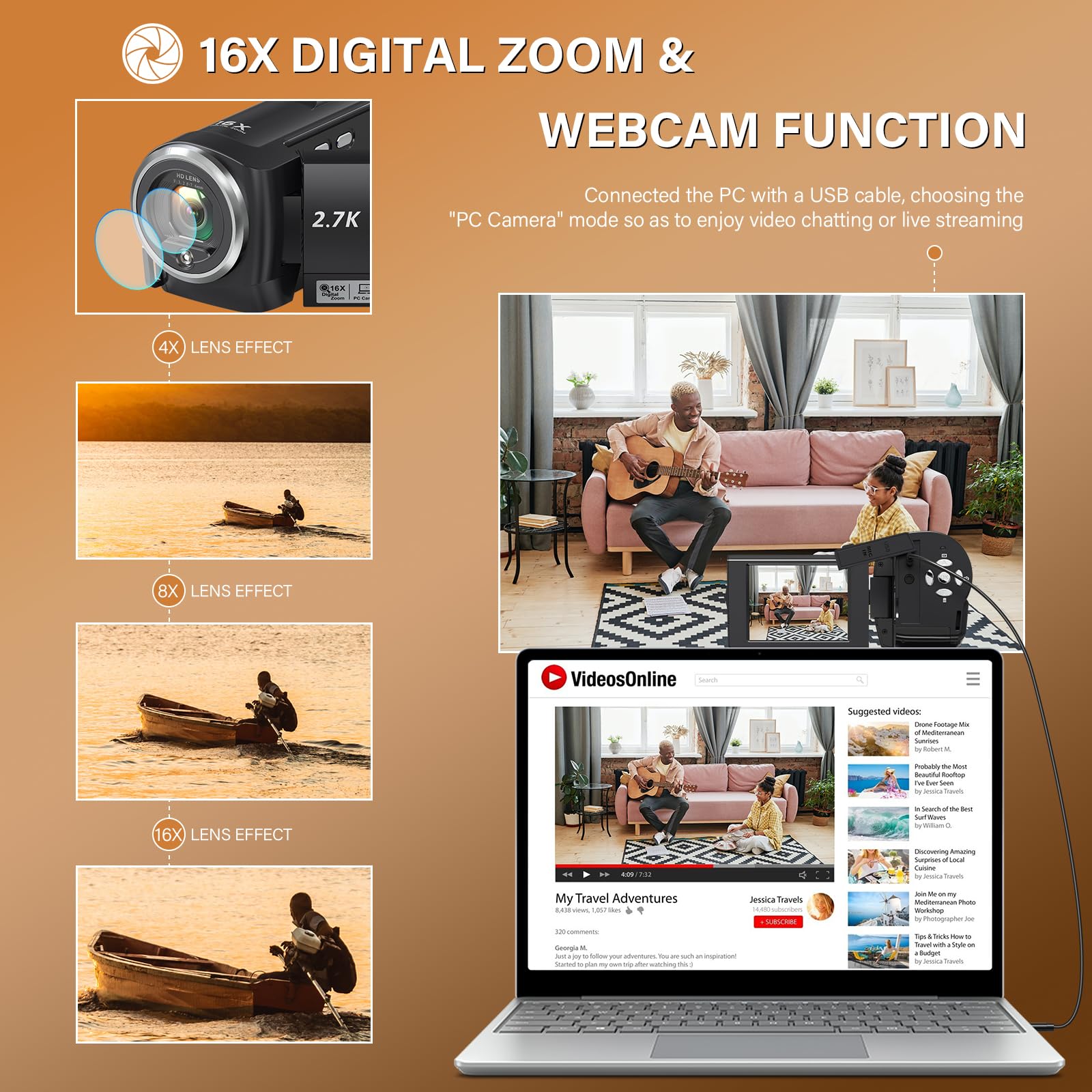QHD 2.7K 50MP Digital Camcorder with 16X Zoom - 2.8