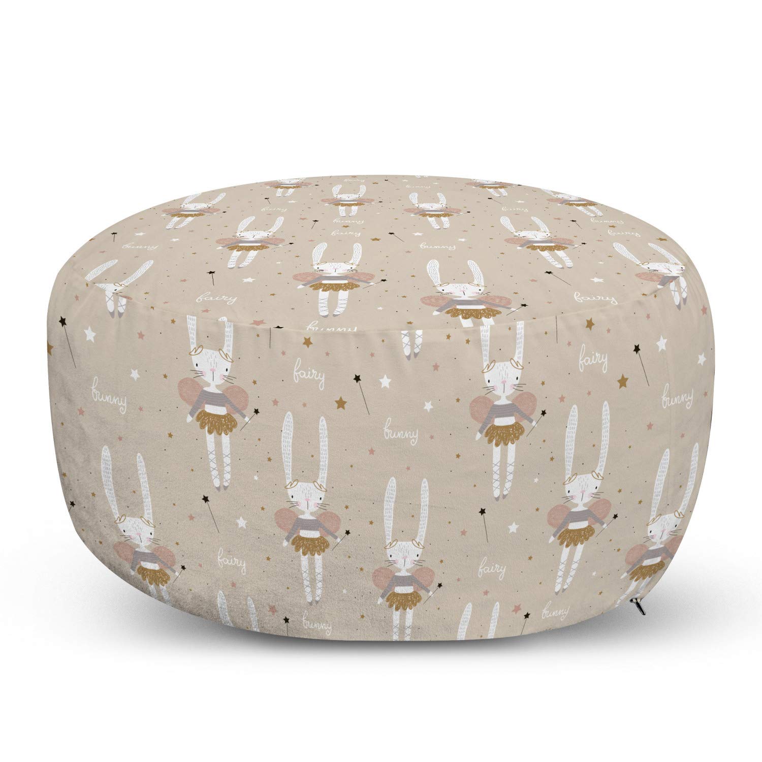 Ambesonne Cartoon Ottoman Pouf - Ballerina Bunnies in Tutu with Wings & Stars Magic, Soft Decorative Foot Rest with Removable Cover for Living Room & Bedroom, Warm Taupe Blush | Perfect for Kids' Room, Nursery Decor & Cozy Home Accent