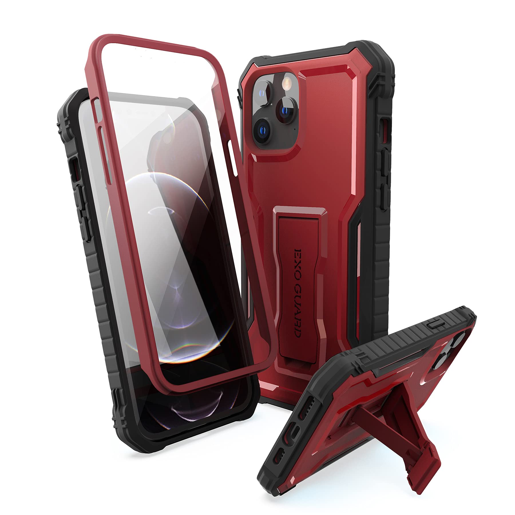 ExoGuard Shockproof Full-Body Case with Built-in Screen Protector & Kickstand for iPhone 12 Pro Max 6.7 inch - Durable Rubber Cover (Red) | Perfect for Outdoor Activities, Work & Daily Protection