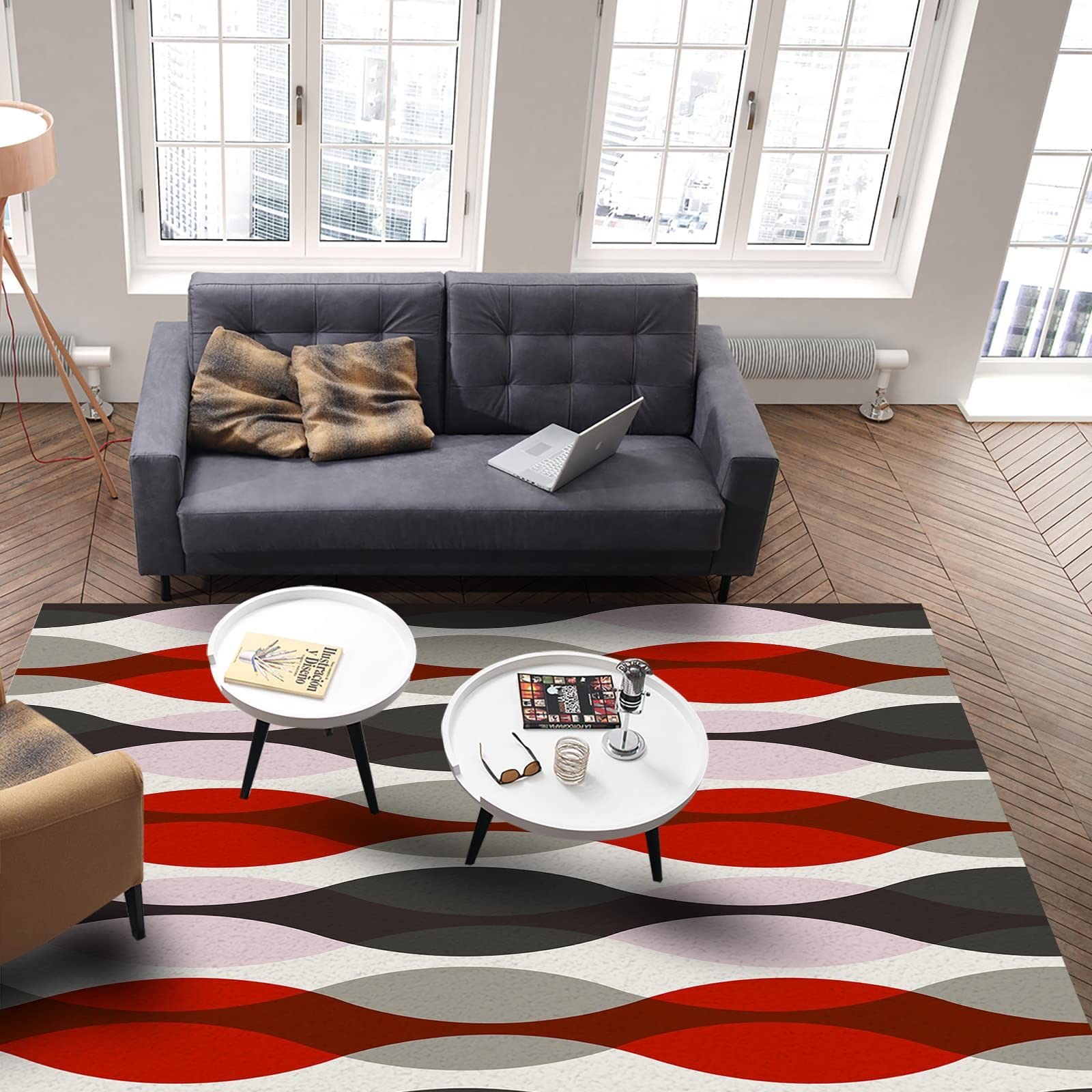 Modern Abstract Geometric Area Rug - Red & Grey Ripple Pattern, Soft Washable with Anti-Slip Backing - Perfect for Living Room, Bedroom, Kitchen, Dining Room & Laundry Room - 3x5 Feet Home Decor Rug for Cozy Spaces & High-Traffic Areas