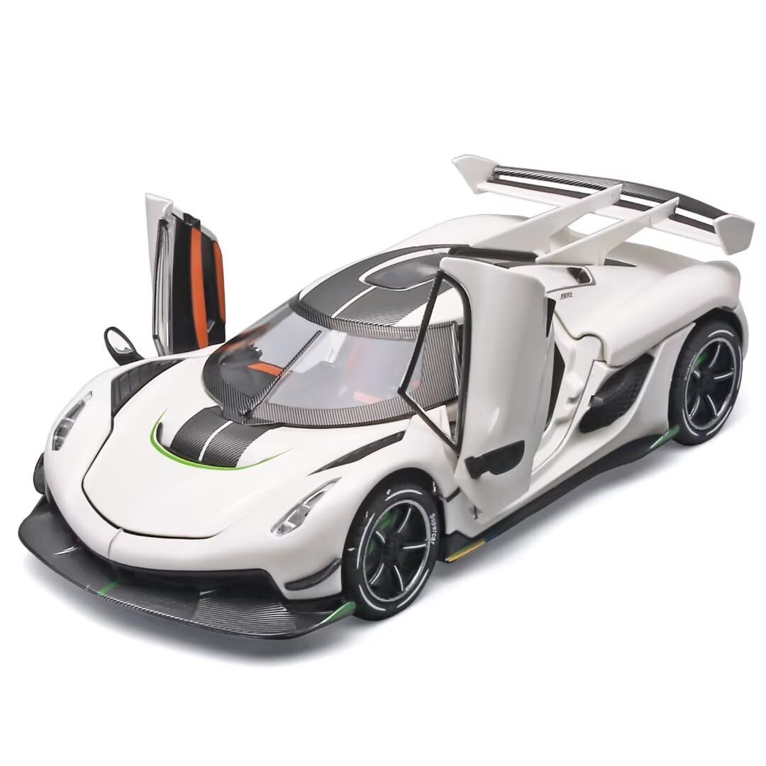 1/24 Scale Koenigsegg Jesko Metal Die Cast Toy Car - Pull Back Action with Light & Sound - Collectible Model Car for Boys Age 3+ (White) - Perfect Birthday Gift & Race Track Play for Kids