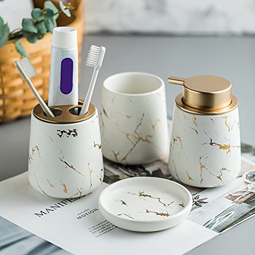 Luxury 4-Piece Marble Pattern Ceramic Bathroom Accessories Set with Soap Dispenser - Modern Dark Green Bath Decor for Home & Hotel Use