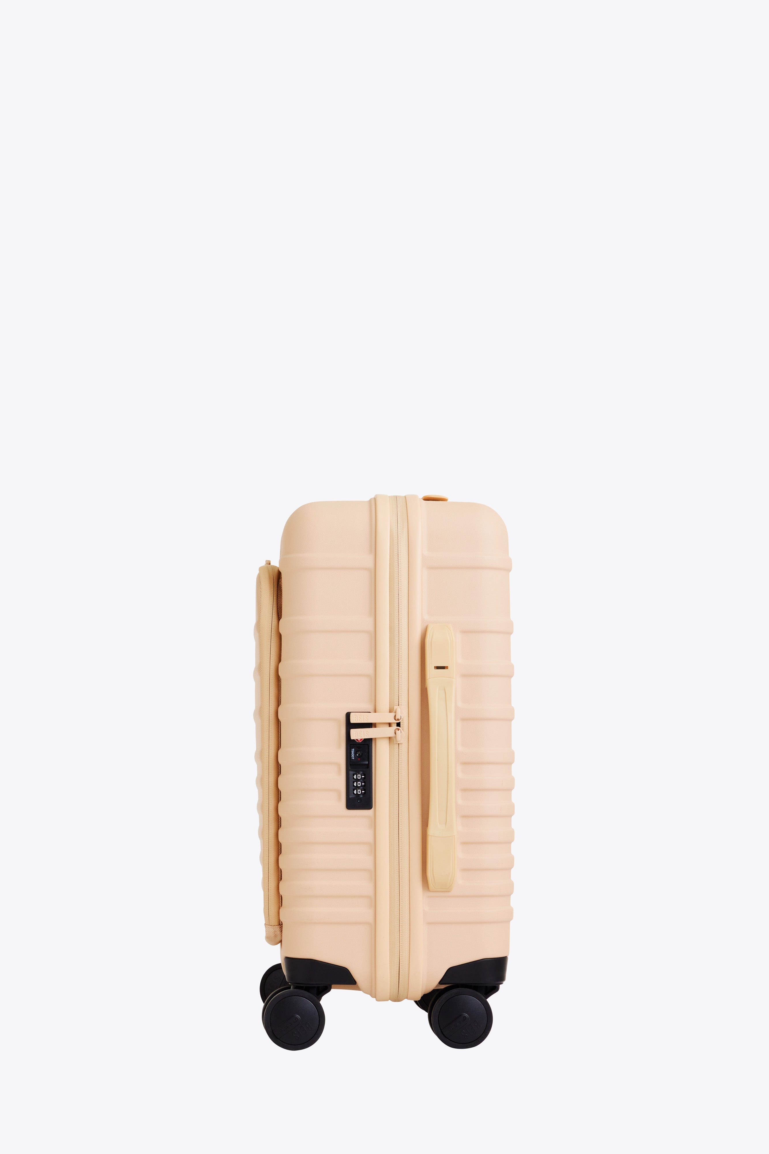 Beige Front Pocket Carry On Roller Luggage - Lightweight Expandable Suitcase for Air Travel with USB Charging Port | Perfect for Business Trips & Weekend Getaways