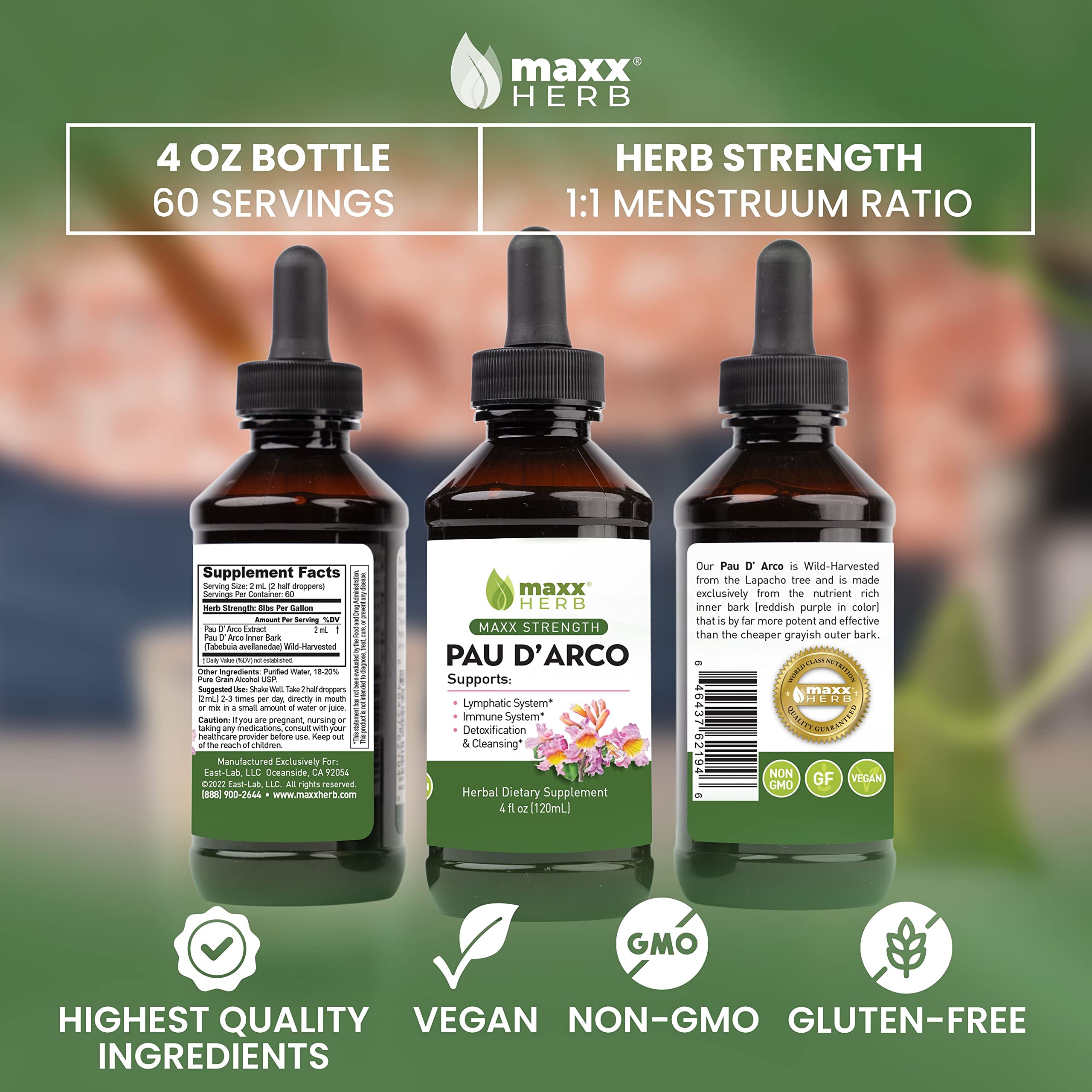 Max Strength PAU D'Arco Extract Tincture - 4 Bottles (4 Oz Each) for Immune Support & Detox, Better Absorption Than Capsules | Herbal Supplement for Daily Wellness, Travel & Immune Boosting