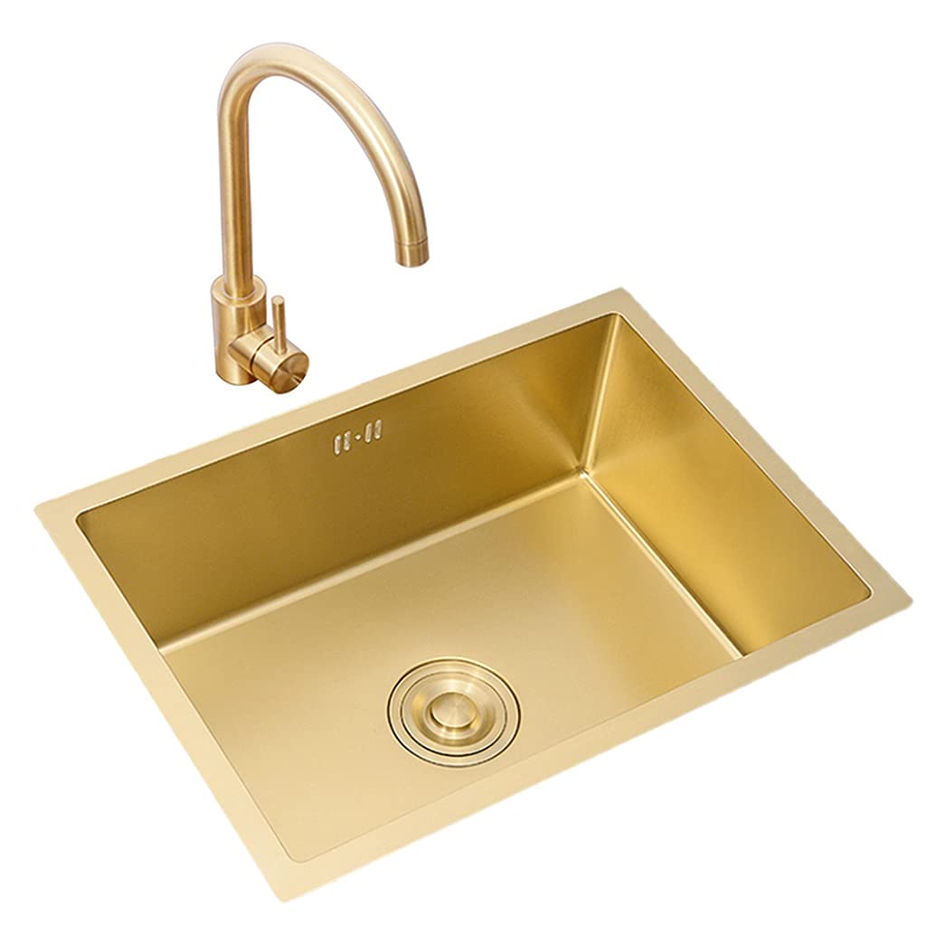 Premium 50×45×21cm Gold Stainless Steel Single Bowl Kitchen Sink - 304 Grade Drop-in/Undermount Bar Counter Sink with Hot & Cold Faucet & Installation Kit - Perfect for Modern Kitchens, Bars & Bathroom Vanities