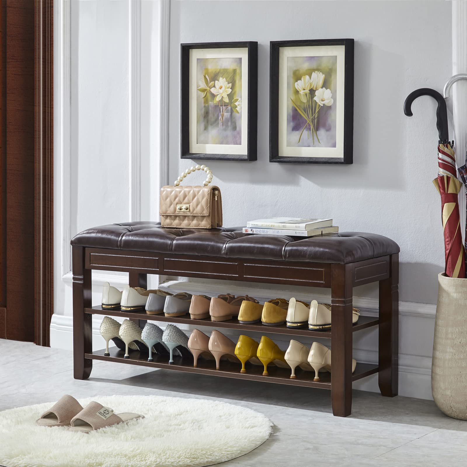 LEILISI 2-Tier Wooden Shoe Bench with Storage & Lift Top Cushion - 39.4