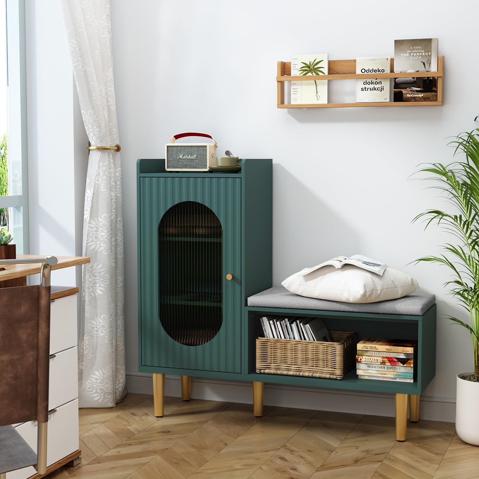 Modern HLR Storage Bench with Glass Door & Shelf - L-Shaped Entryway Shoe Cabinet with Padded Seat, Green Storage Cabinet for Hallway, Bedroom, Living Room & Office - Perfect for Small Space Organization & Entryway Seating