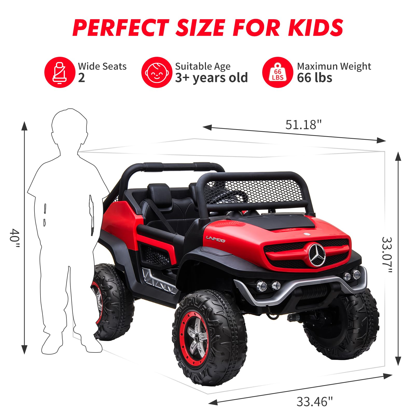 GARVEE 24V Kids Ride On Truck - 2 Seater Licensed Mercedes Benz Electric Toy Car with Remote Control, LED Lights & Music | Battery Display, Spring Suspension, Trunk | Perfect for Toddlers Outdoor Play & Birthday Gifts (Red)