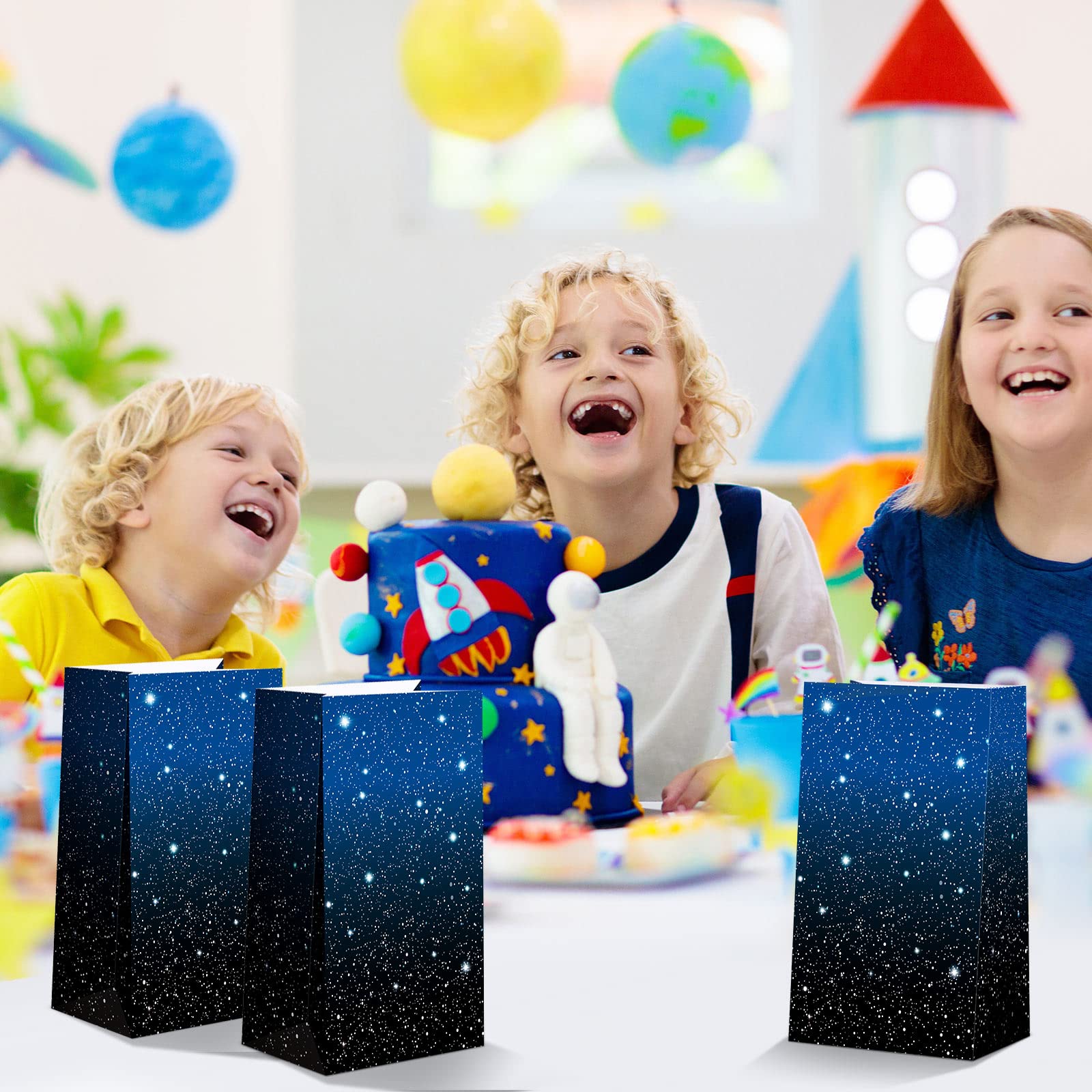 Marspark 28 Pcs Space Themed Party Favor Bags - Galaxy Starry Night Goodie Bags for Candy, Popcorn & Treats | Outer Space Birthday Decorations, Baby Shower & Cosmic Theme Party Supplies
