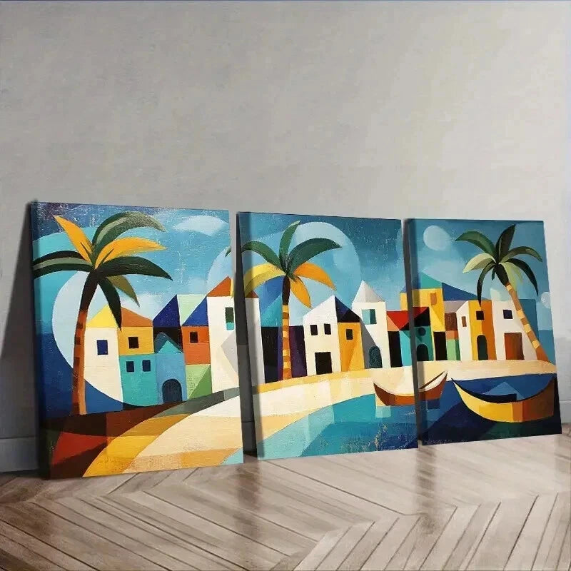 3-Piece Caribbean Houses and Boats Painting Wall Art Set - Framed Canvas 50x70cm - High Quality Print - 100% Australian Made - Ready to Hang - Perfect for Living Room, Bedroom, or Office Decor