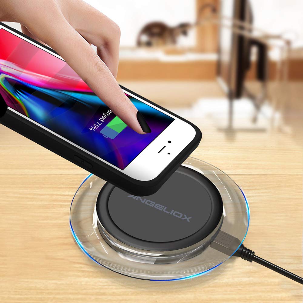 Fast Qi Wireless Charger Pad with Wireless Charging Receiver Case - Compatible with iPhone 7/6s/6/Xs Max/X & All Qi-Enabled Devices | ANGELIOX Cordless Charging Mat | Perfect for Home, Office & Travel Use