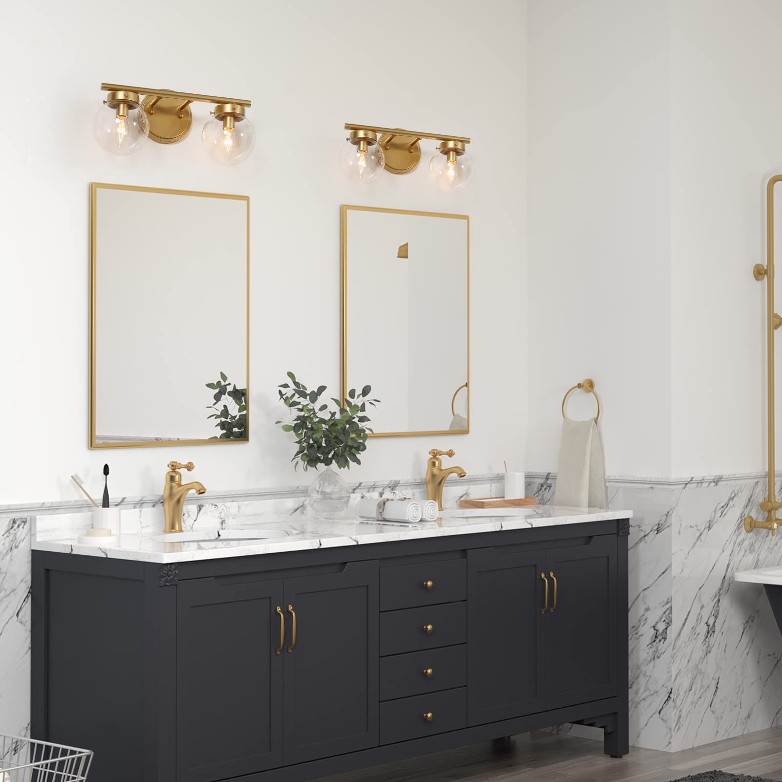 KSANA Modern Gold Bathroom Vanity Lights - 2-Light Wall Sconce with Clear Globe Glass, 14