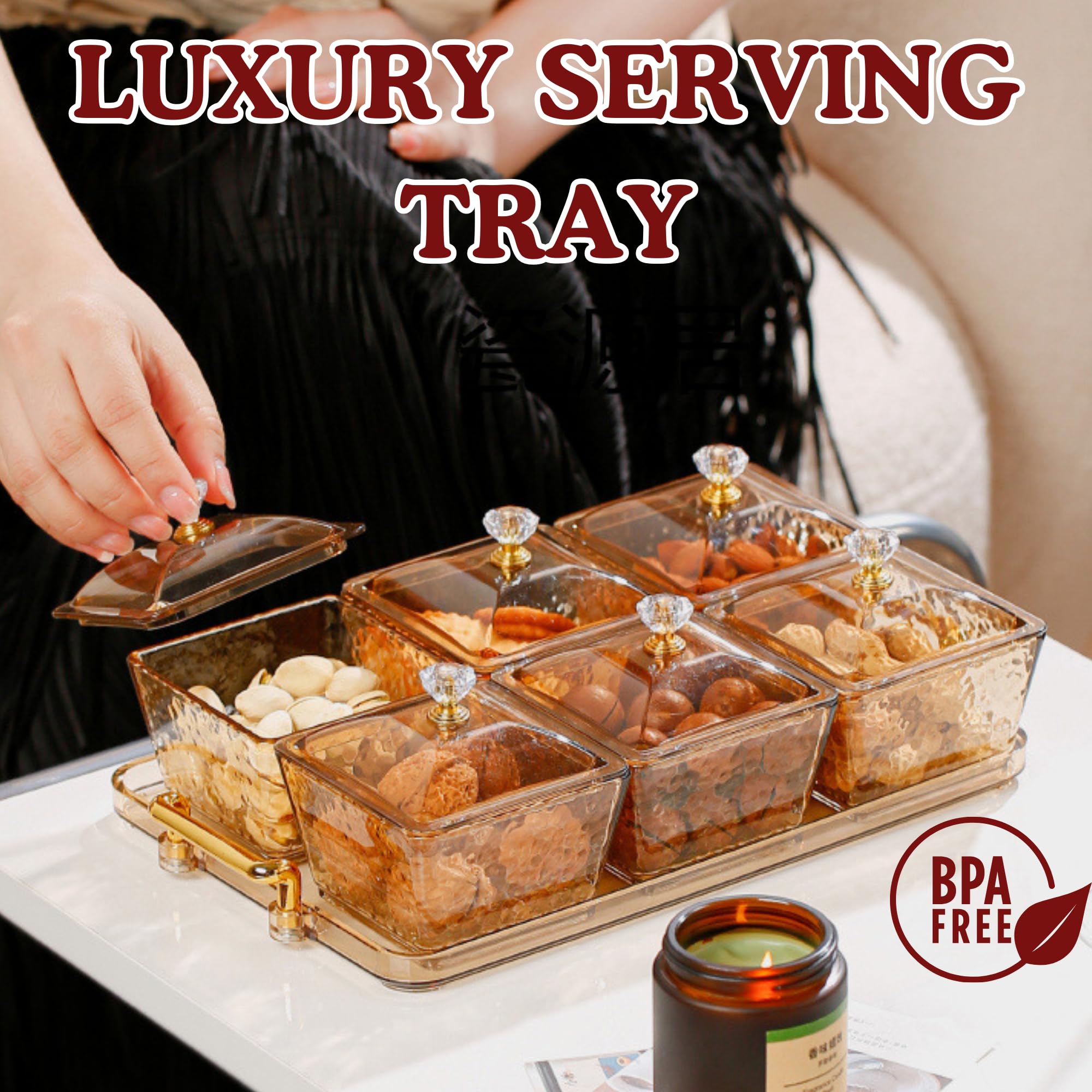 Luxury Serving Tray Set with 6 Bowls & Lid - Elegant Snack & Fruit Platter with Double Handles for Holiday Entertaining | Perfect for Home, Kitchen, Dining Table | Ideal for Parties, Family Gatherings & Hosting Guests