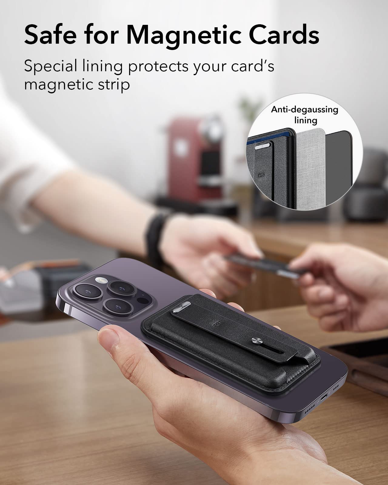 ESR Magnetic Wallet for iPhone 16/15/14/13/12 Series (Not for 13/12 Mini) - Slim 3-Card Holder with Vegan Leather & Secure-Grip Finger Loop | Compatible with MagSafe | Perfect for Everyday Carry, Travel & Contactless Payments (Black)