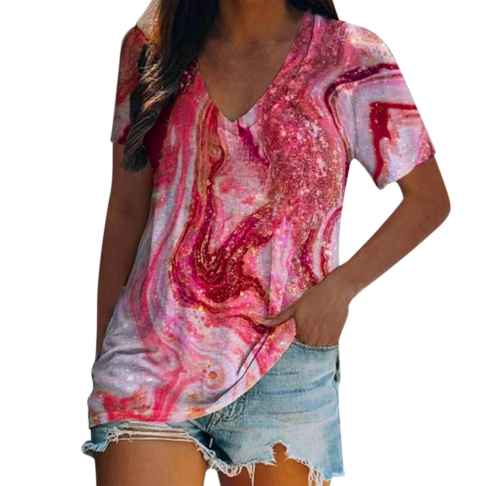 Uikceten Women's Summer Short Sleeve V-Neck Tie-Dye Printed T-Shirt - Casual Mock Neck Tee in Black | Perfect for Beach Outings, Music Festivals & Everyday Wear