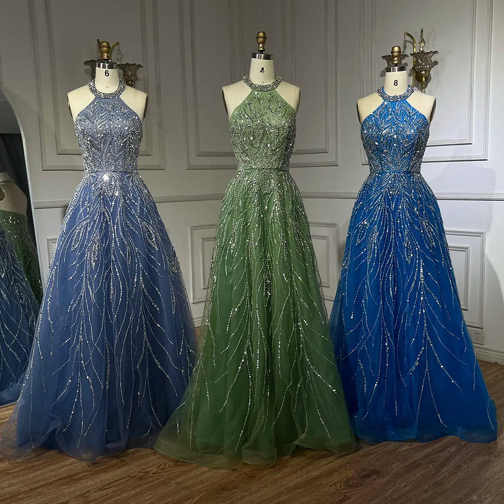 Elegant Blue Arabic A-Line Halter Gown - Luxury Dubai Evening Dress for Women | Wedding, Party & Special Occasions | Serene Hill LA72302 | Perfect for Red Carpet Events, Galas & Formal Gatherings