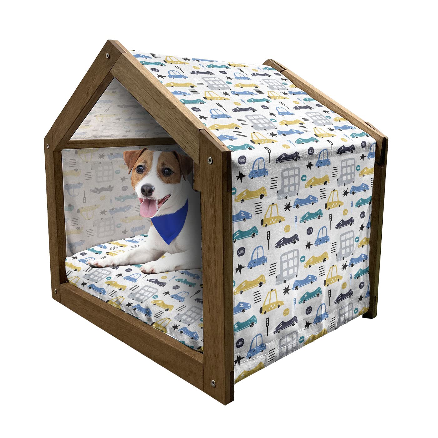 Ambesonne Wooden Pet House - Portable Indoor & Outdoor Dog Kennel with Pillow Cover, Small Multicolor Car-Themed Design with Stop Signs & Street Signs | Perfect for Puppies, Travel & Backyard Use