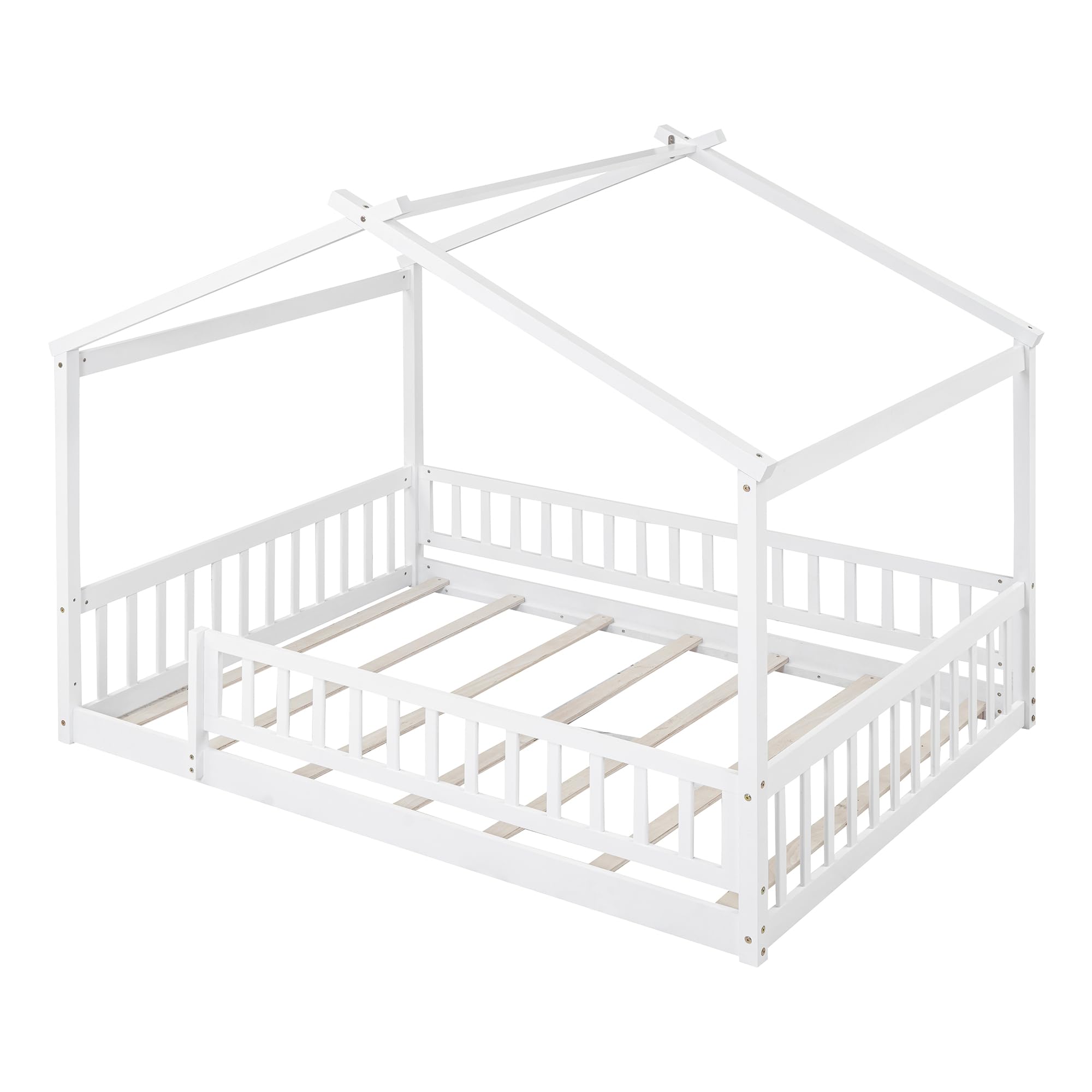 Montessori Floor Bed for Kids - Full Size Wooden House Bed Frame with Safety Fence | White Playhouse Bed for Toddlers & Children | Perfect for Montessori Bedrooms, Playrooms & Cozy Sleep Spaces