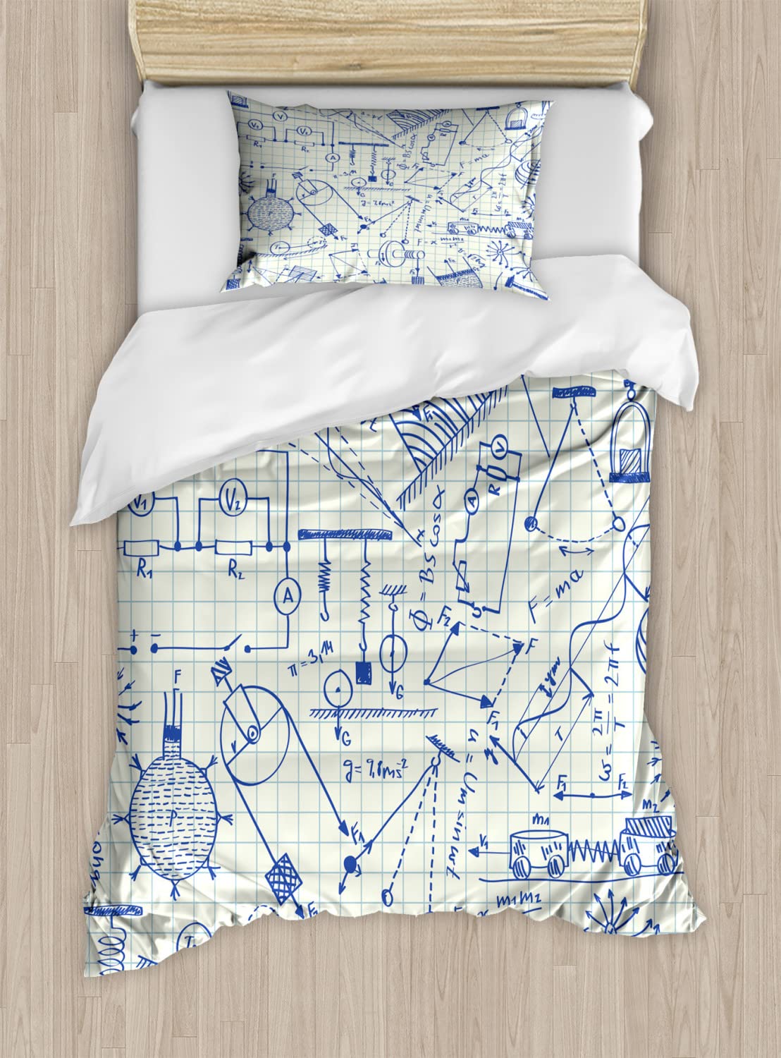 Ambesonne Physics Duvet Cover Set - King Size 2-Pack with 2 Duvet Covers & 4 Pillowcases, Technical Formula & Drawings on Notebook Paper Design in Ivory Indigo - Perfect for Science Lovers, Students, and Modern Bedroom Decor