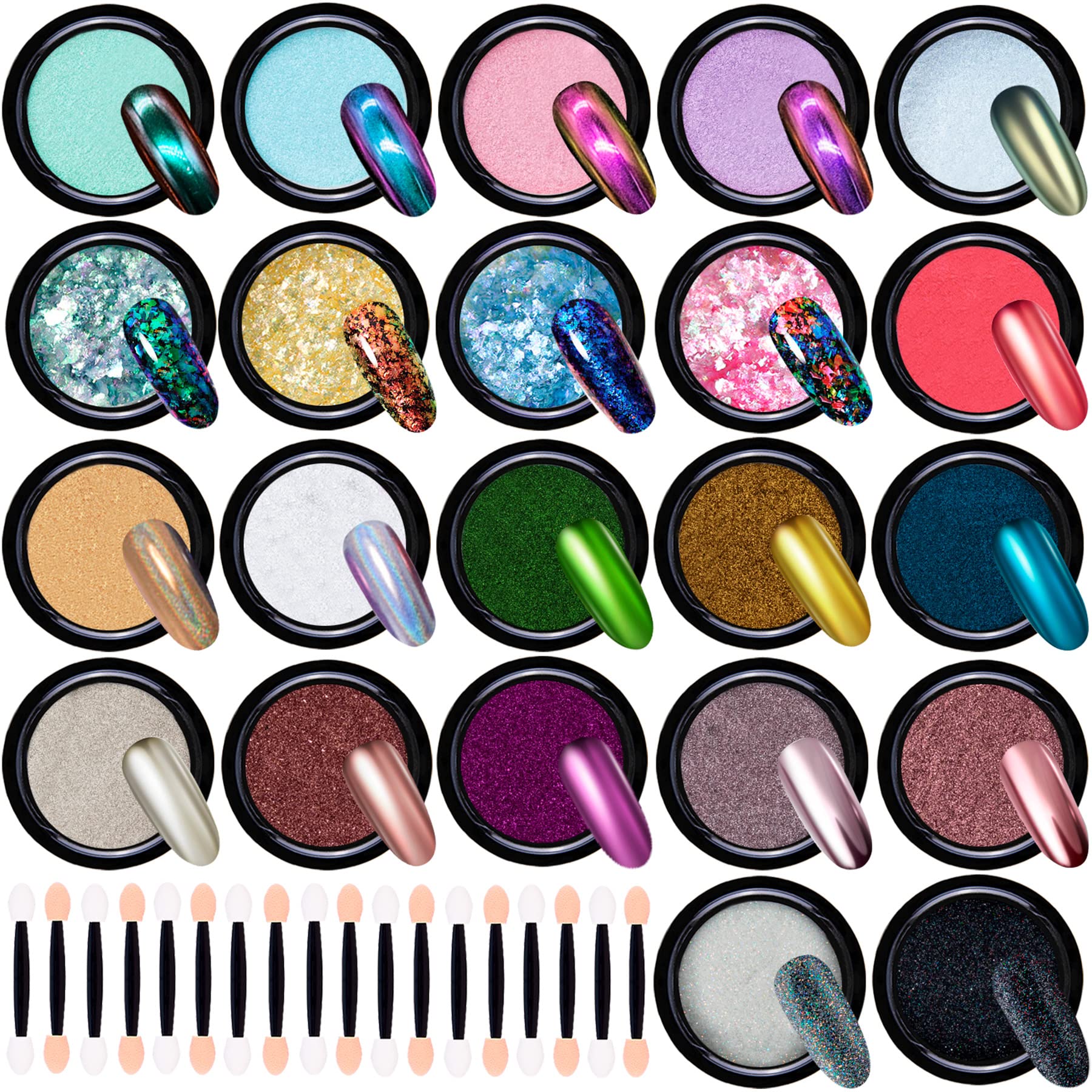 Duufin 22 Colors Chrome Nail Powder Set - Mirror Effect & Iridescent Aurora Nail Flakes for Professional Nail Art | Includes 22 Eyeshadow Sticks (1g/Jar) | Perfect for Salon, Home Manicures & DIY Nail Designs