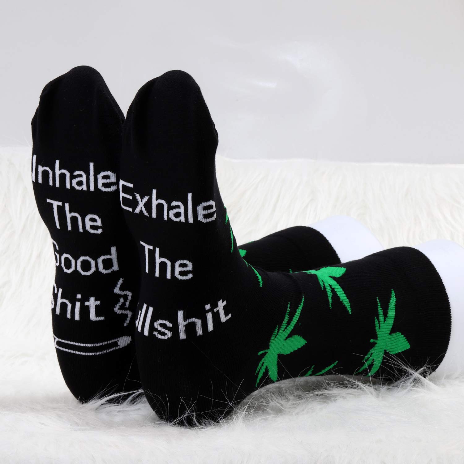 MBMSO Marijuana Weed Socks 2 Pairs - Funny Stoner Socks with 'Inhale the Good Shit Exhale the Bullshit' Design - Perfect Cannabis Gifts for 420 Lovers - Great for Parties, Festivals & Relaxing at Home