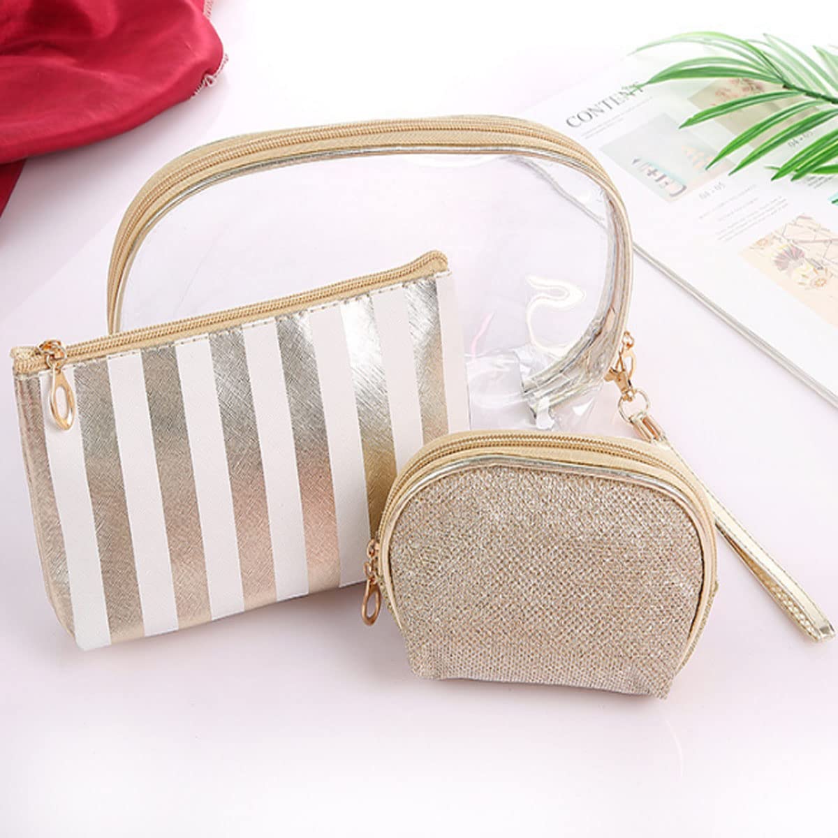 3 Pack Waterproof Makeup Bags for Women - Multifunctional Cosmetic Travel Toiletry Pouch & Storage Organizer (Gold Stripe) | Perfect for Travel, Gym, Daily Use & Gift Giving
