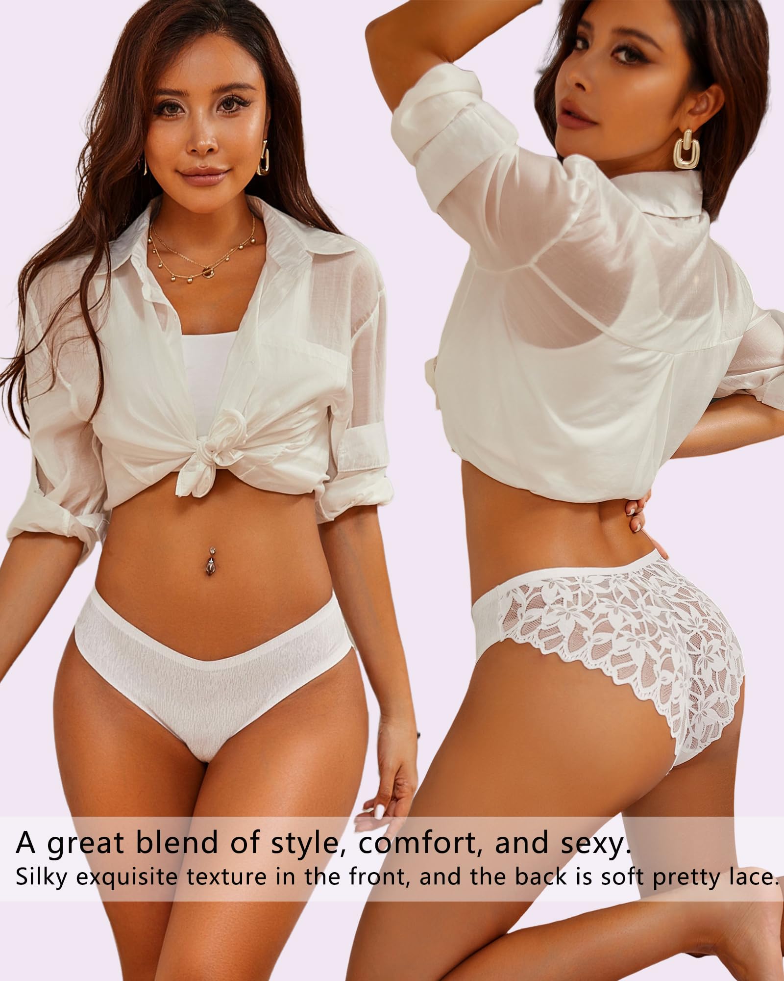 Seamless Soft Lace Hipster Panties for Women - No Show Cheeky Bikini Underwear 6 Pack (S-XL) | Comfortable Sexy Underwear for Everyday Wear, Date Night & Beach