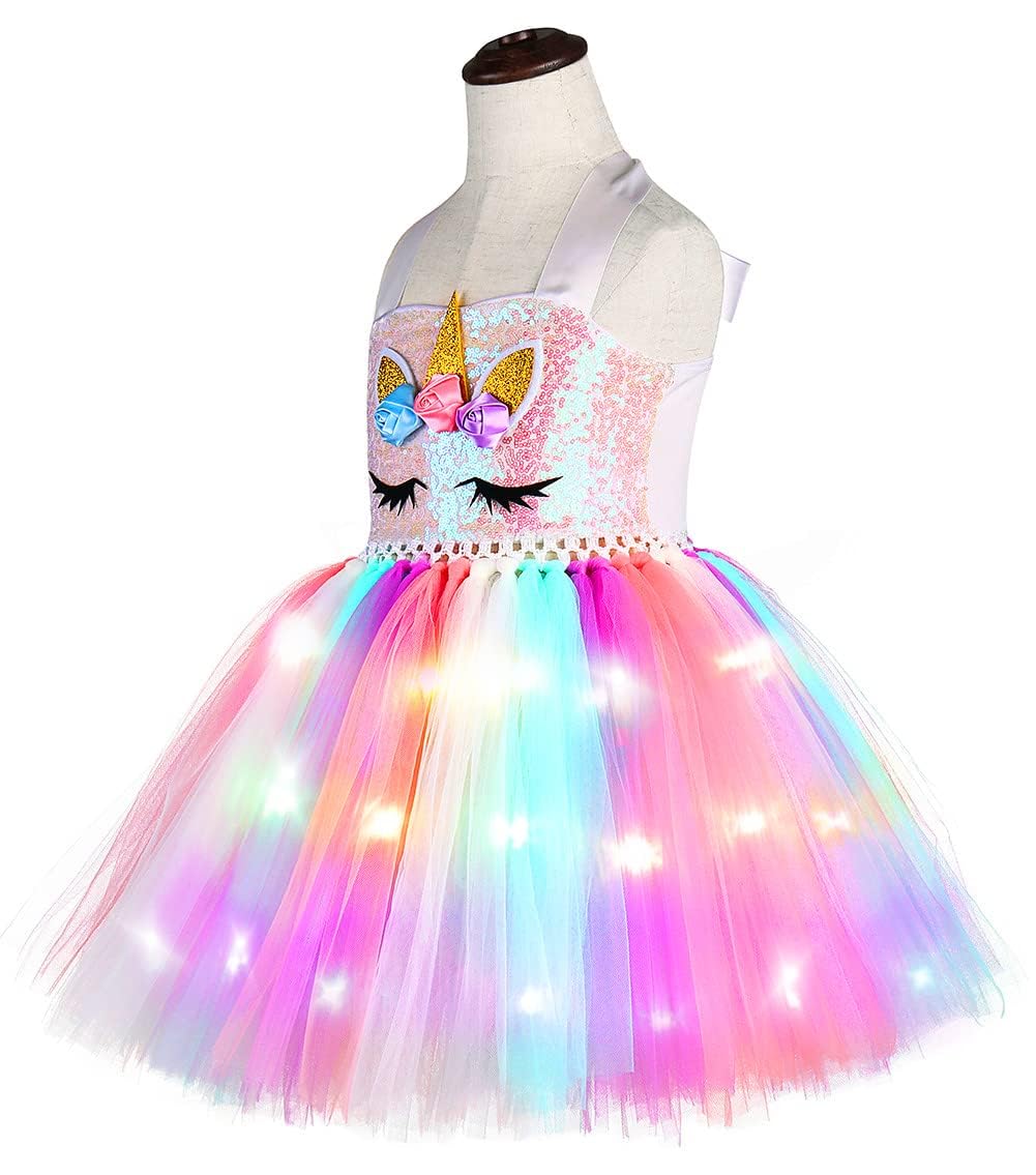 LED Unicorn Costume for Girls - Light Up Rainbow Pink Tutu Dress with Headband for Halloween, Birthday & Holiday Parties | Magical Dress-Up Play & Photo Shoots