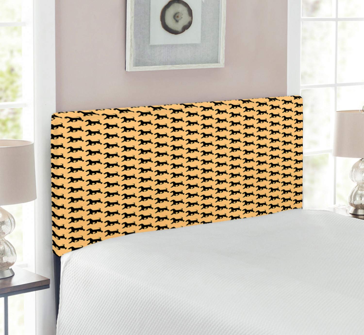 Ambesonne Scottie Dog Headboard - Upholstered Metal Bed Frame with Memory Foam, Twin Size in Pale Yellow & Black | Silhouette of Running Dogs Repeating Pattern | Perfect for Pet Lovers' Bedroom Decor & Kids Room Theme