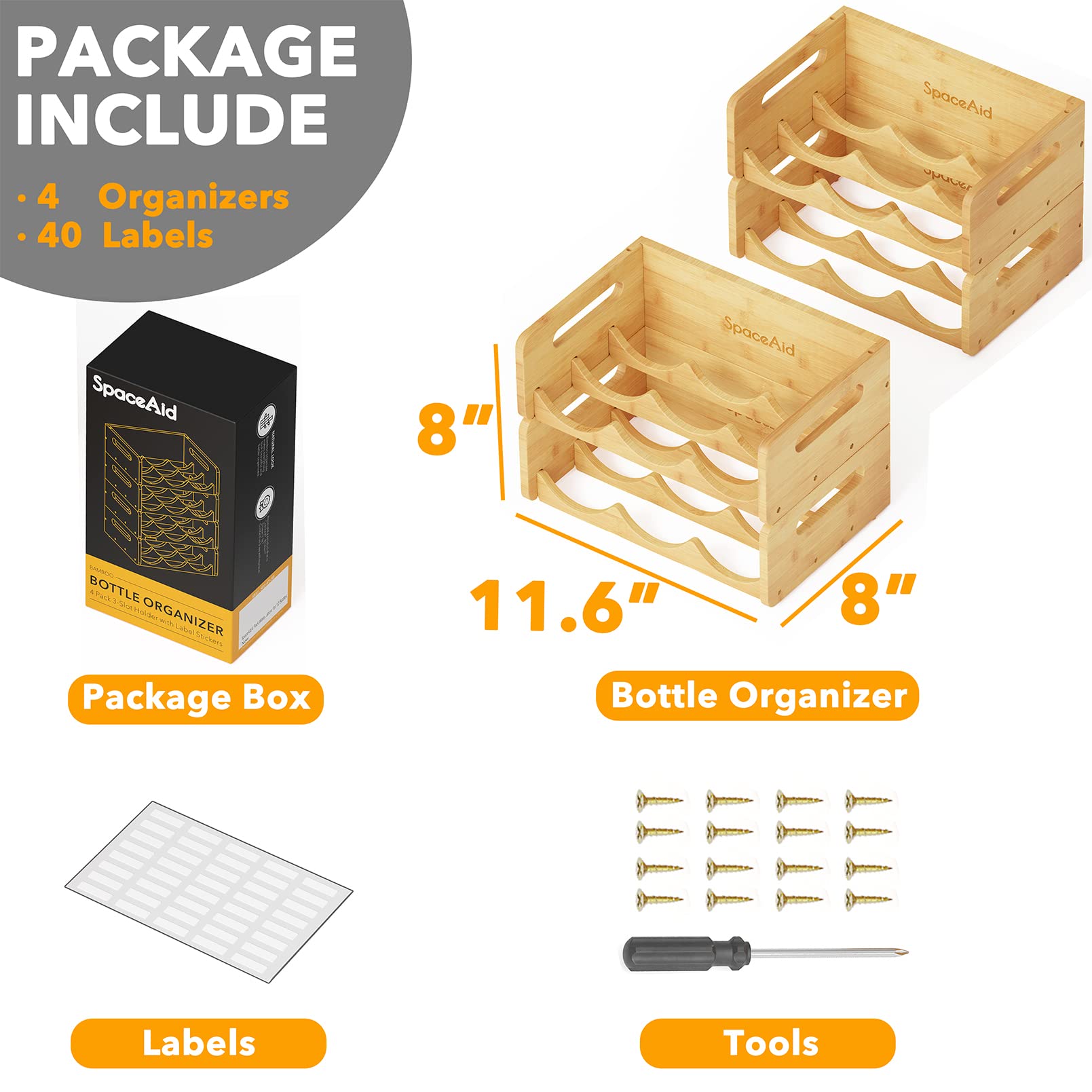 SpaceAid 4-Pack Bamboo Water Bottle Organizer with Labels - 3-Slot Kitchen Pantry Storage Rack for Cabinets, Holds 12 Bottles - Perfect for Organizing Cups, Wine Bottles & Drinkware in Home, Office or RV