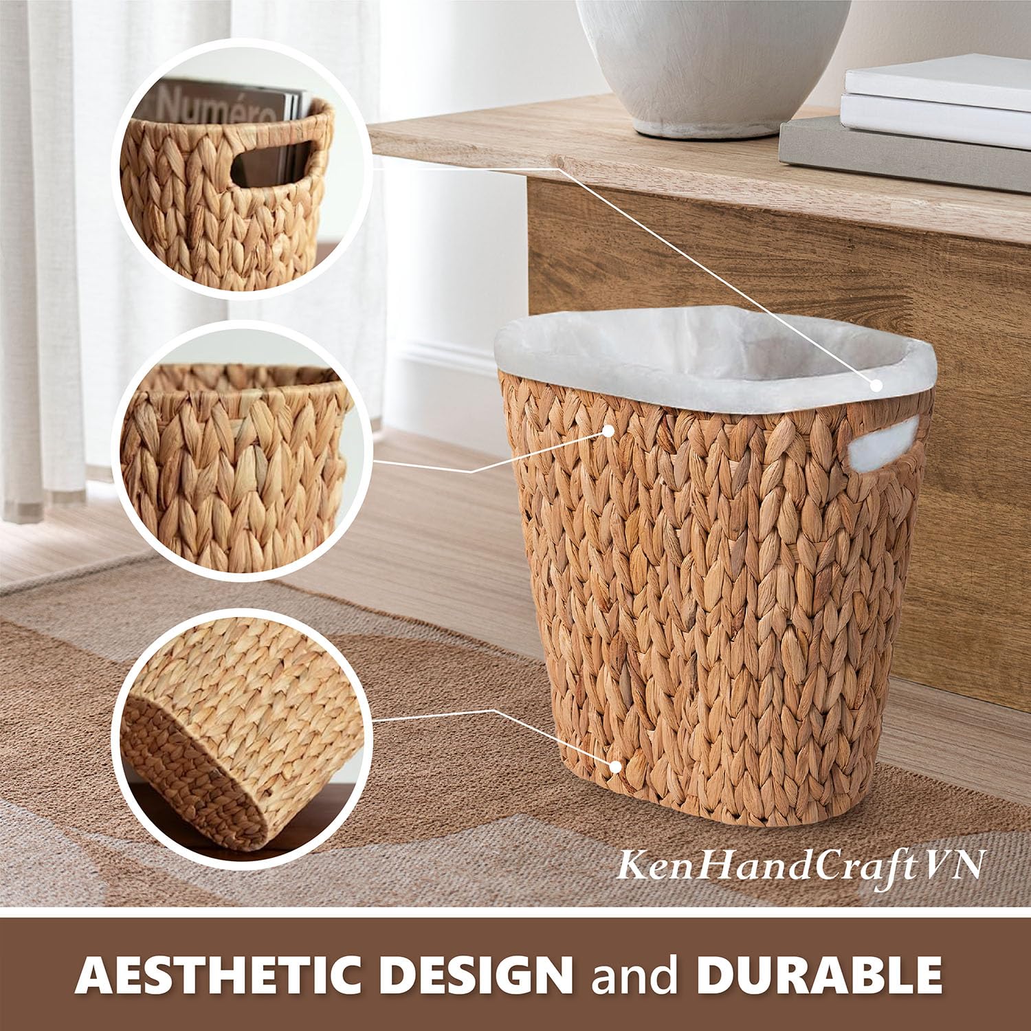 Eco-Friendly Wicker Trash Can - Handwoven Water Hyacinth Waste Basket with Built-in Handles for Bathroom, Bedroom, Office & Living Room | Small Space Storage Solution | Perfect for Home Decor & Organization (1 Pack)