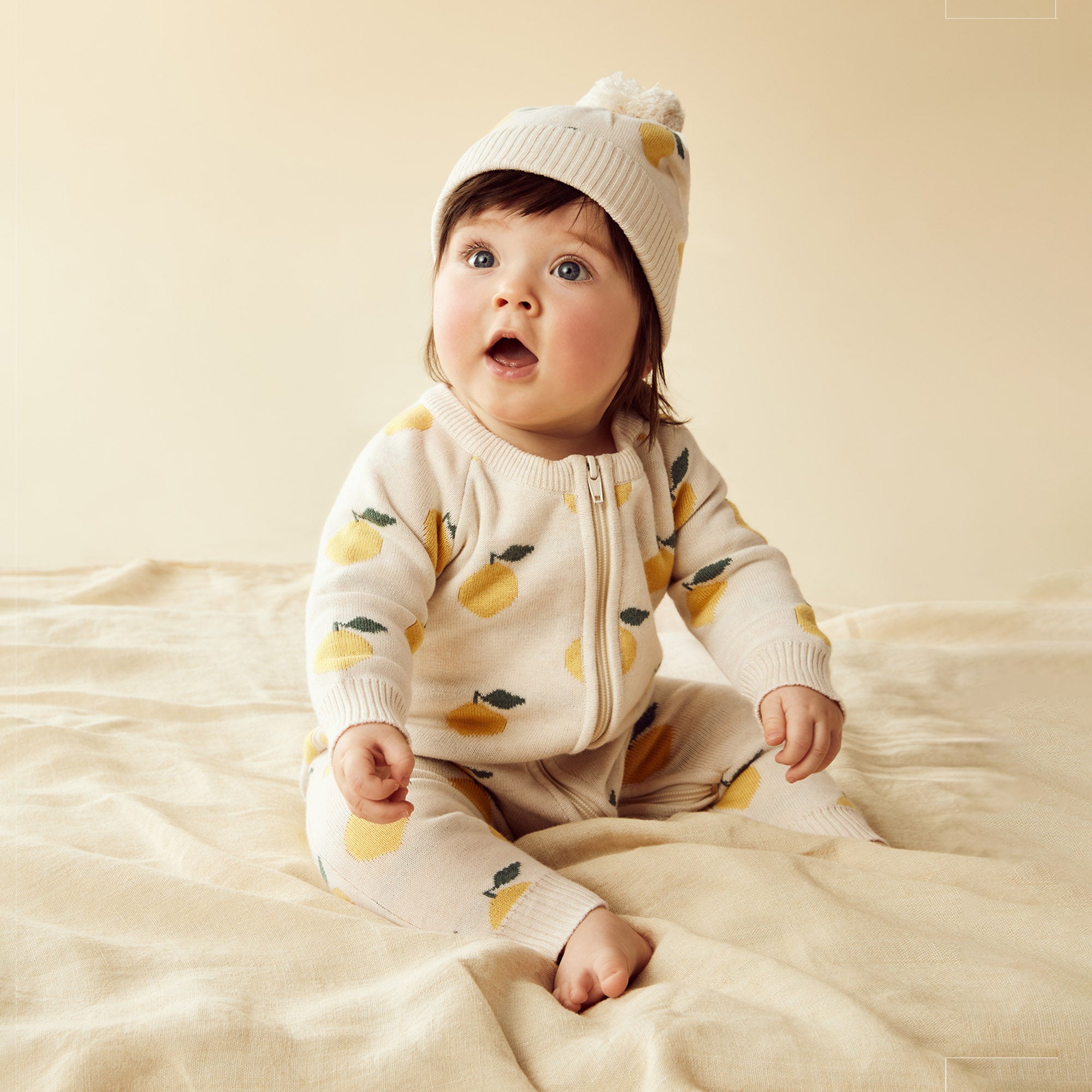 Organic Cotton Lemony Knitted Jacquard Baby Growsuit - Soft & Breathable Newborn Romper for Boys & Girls - Perfect for Playtime, Sleepwear & Photo Shoots