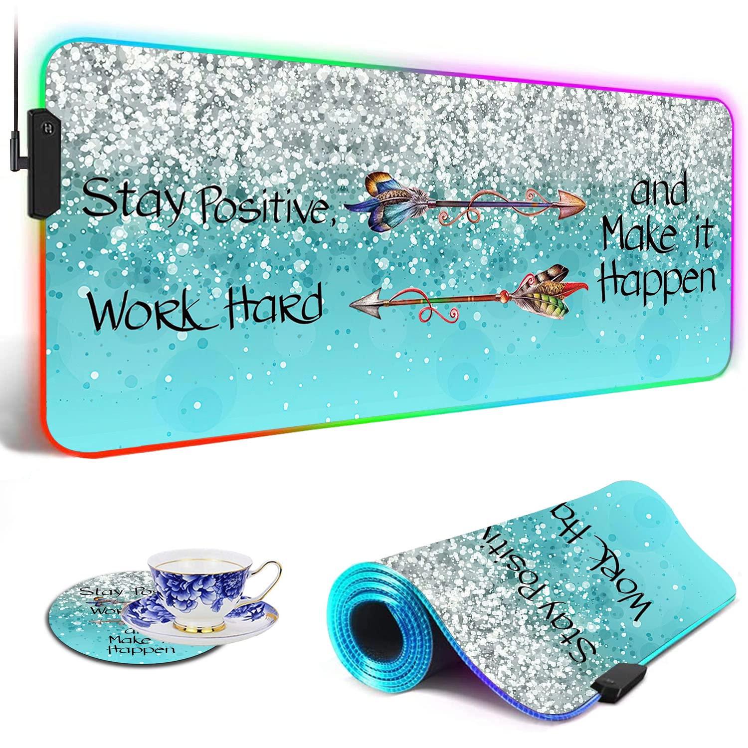 RGB Gaming Mouse Pad with LED Lights - Large Extended Desk Mat for Keyboard & Mouse, Waterproof & Non-Slip Surface - Perfect for PC Gaming, Office Work & Streaming Setup (Blue Motivational Design)