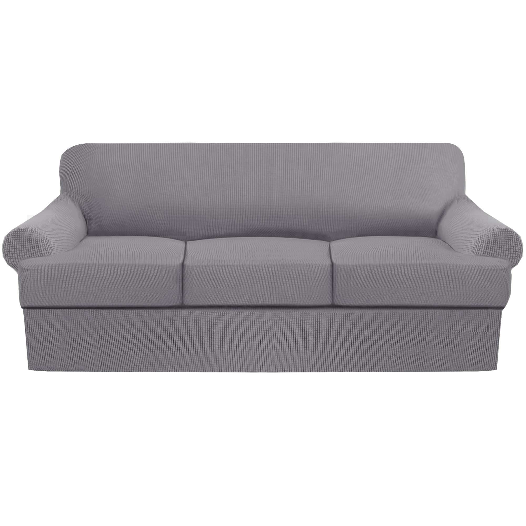 4-Piece T-Cushion Sofa Slipcover Set - Thick Stretchable Couch Cover, Furniture Protector for 3-Cushion Sofa with Washable Individual Covers (Light Grey) - Perfect for Living Room, Family Room & Home Decor