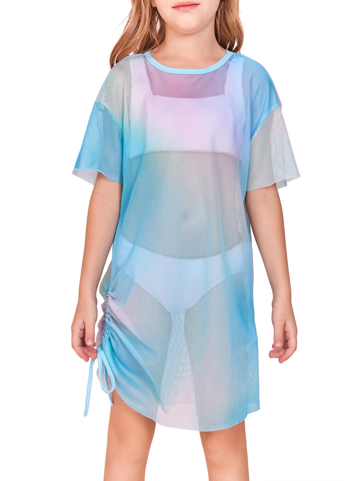 Batermoon Girls Mesh Swim Cover Up - Tie Dye Beach Dress with Drawstring for Kids 5-14 Years | Lightweight Summer Swimwear Coverup for Pool, Beach & Vacation