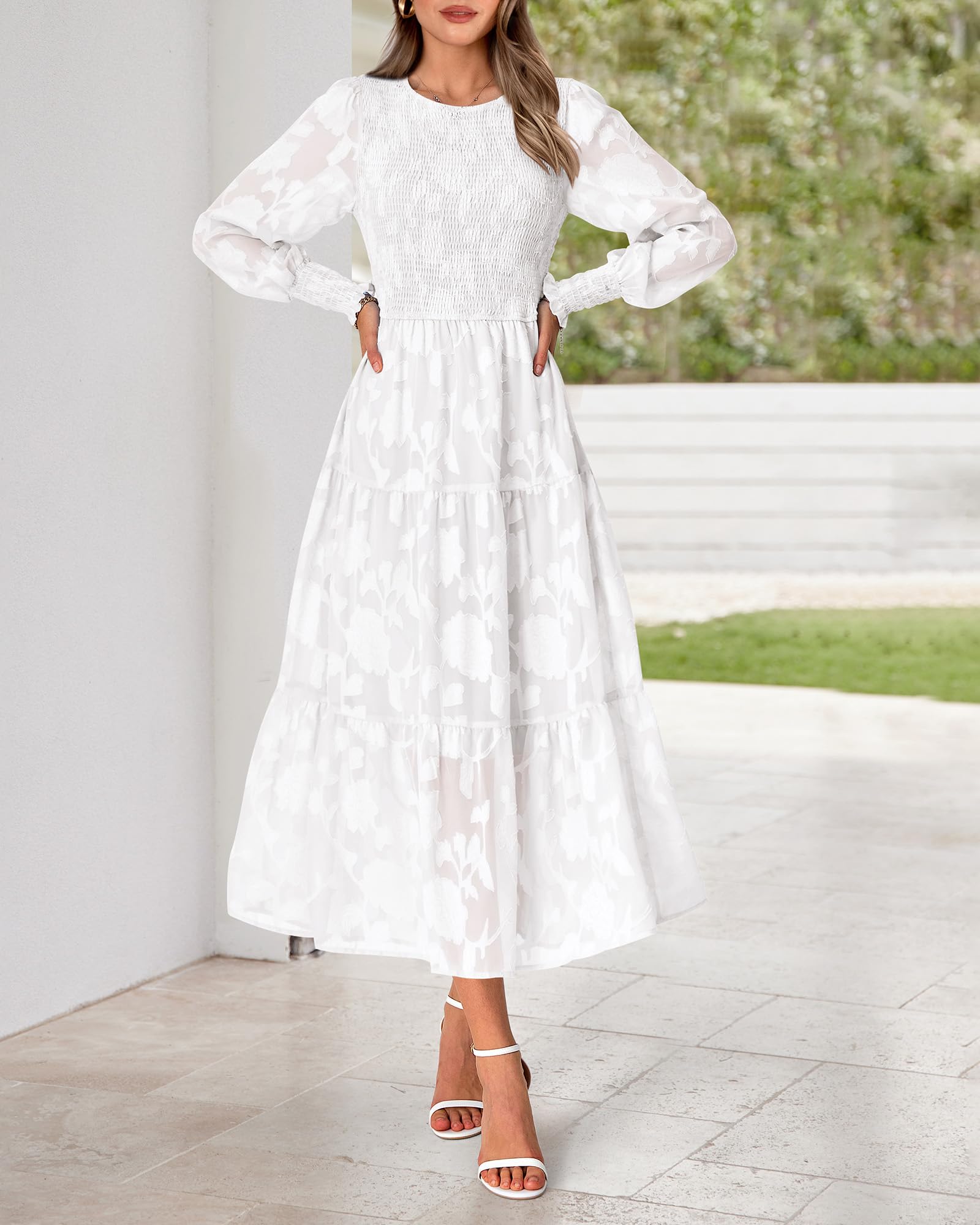 BTFBM Women's Elegant Floral Long Sleeve Midi Dress - Bohemian Wedding Guest Dress for Spring 2025 | Perfect for Garden Parties, Bridal Showers & Formal Events