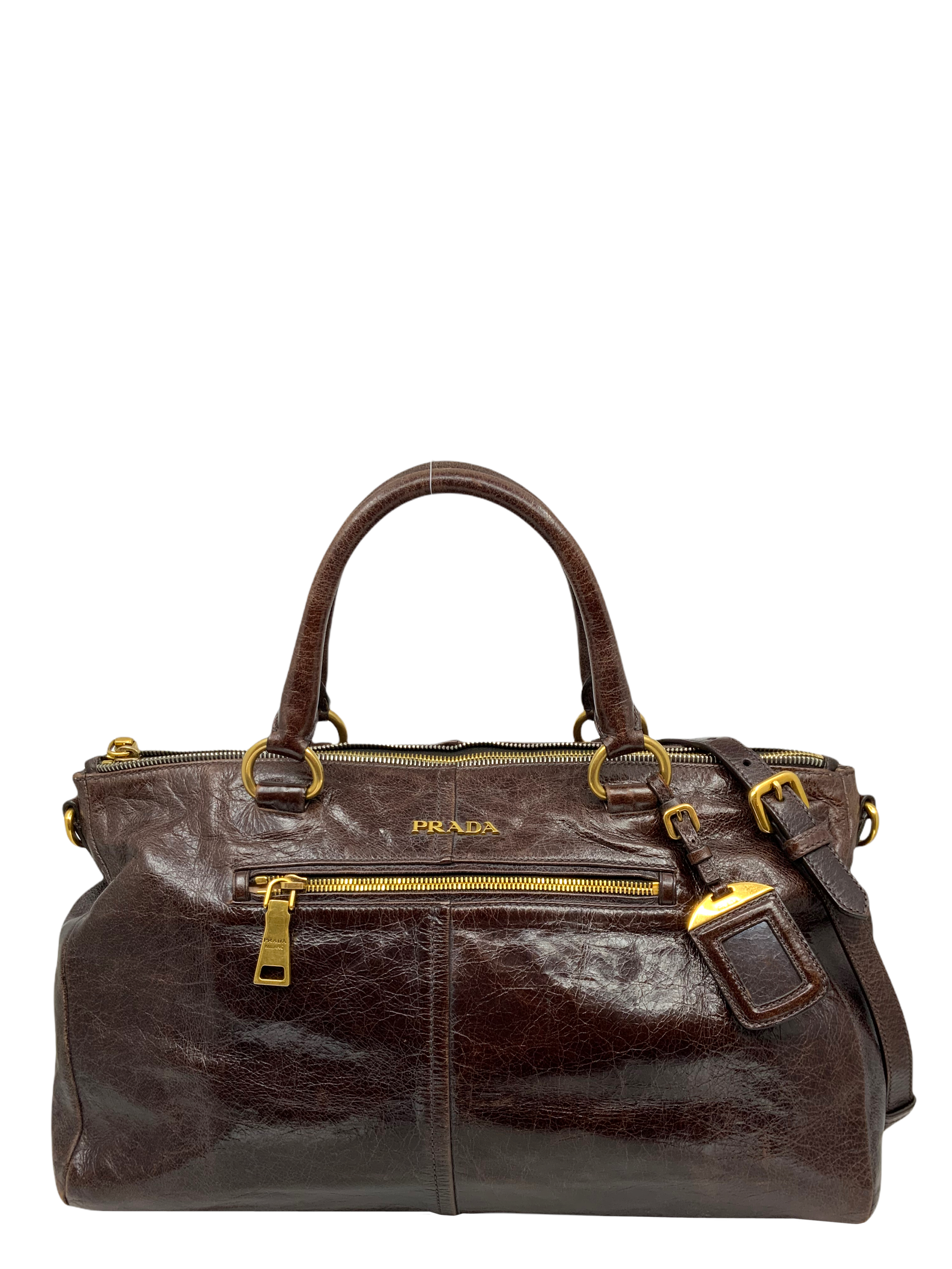 Prada Glazed Leather Front Zip Satchel with Adjustable Shoulder Strap - Luxury Crossbody Bag for Women, Perfect for Work, Travel & Everyday Use