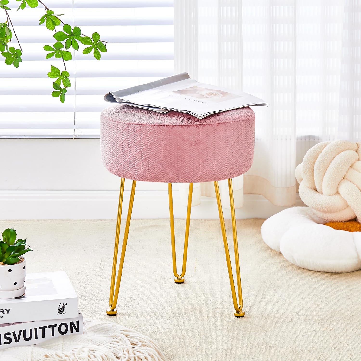 Velvet Ottoman Stool with Metal Legs - Pink Vanity Stool for Living Room & Bedroom