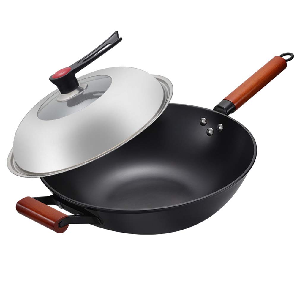 Handmade Cast Iron Wok & Frying Pan Set - Wooden Handle, Flat Bottom, Non-Stick Carbon Steel Cookware - Perfect for Stir Fry, Sautéing & Deep Frying in Home Kitchens
